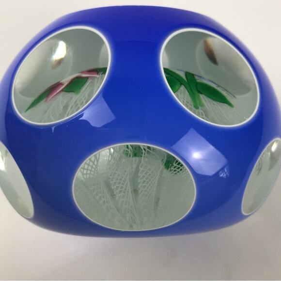 John Deacons Double Overlay Two Flower Lampwork Latticinio Faceted Paperweight - Picture 8 of 15